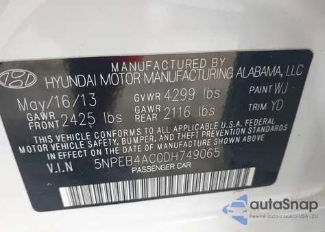 2013 Hyundai Sonata Gls from USA, damaged, VIN 5NPEB4AC0DH749065